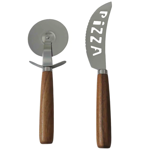 Acacia Wood & Steel Pizza Cutter Set