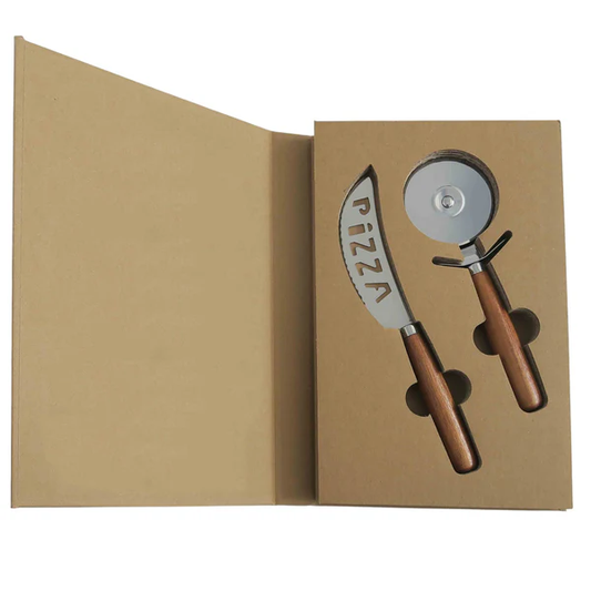 Acacia Wood & Steel Pizza Cutter Set