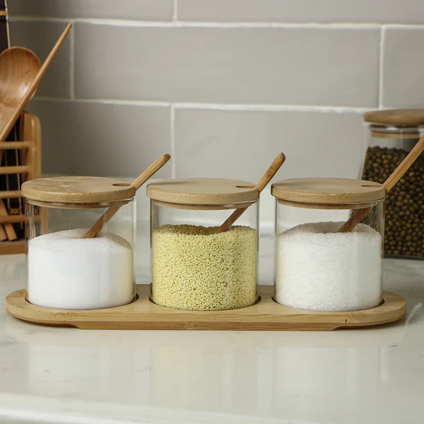 Glass and Spoon Jar Set of 3 with Tray