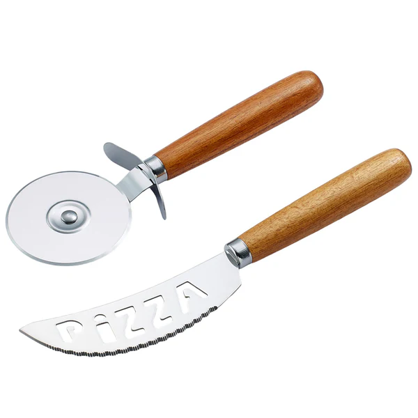 Acacia Wood & Steel Pizza Cutter Set